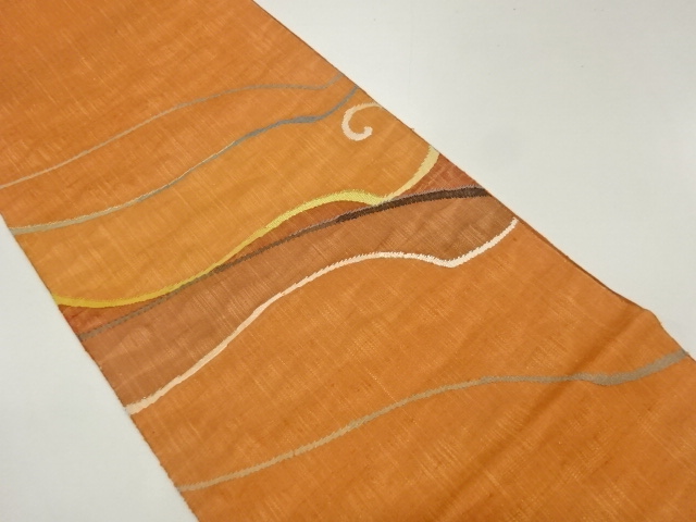 手織り紬　よろけ横段模様織出し　袋帯